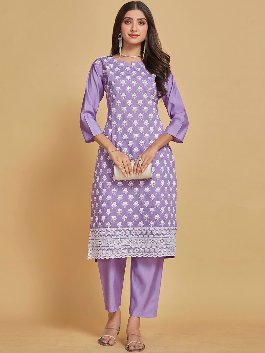 

Sangria Violet Floral Embroidered Pure Cotton Straight Kurta & Trousers