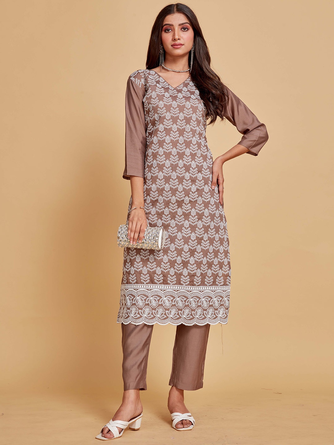 

Sangria Brown Floral Embroidered Pure Cotton Straight Kurta & Trousers