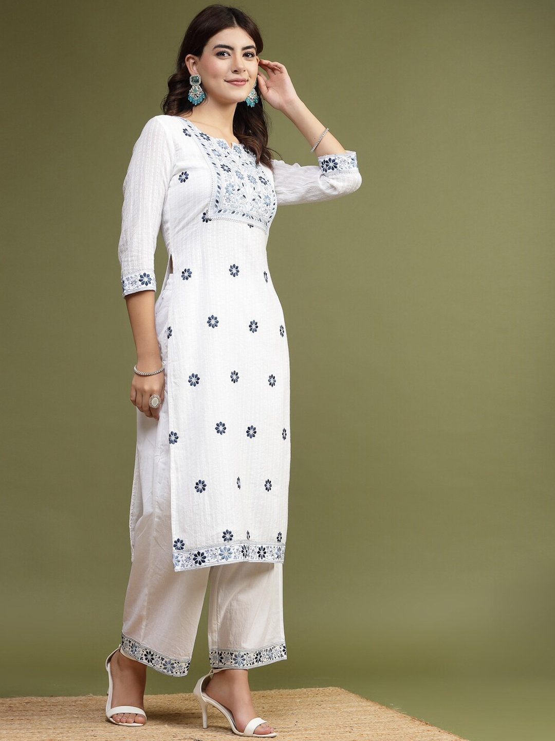 

Ramas Embroidered Pure Cotton Regular Kurta with Palazzos, White