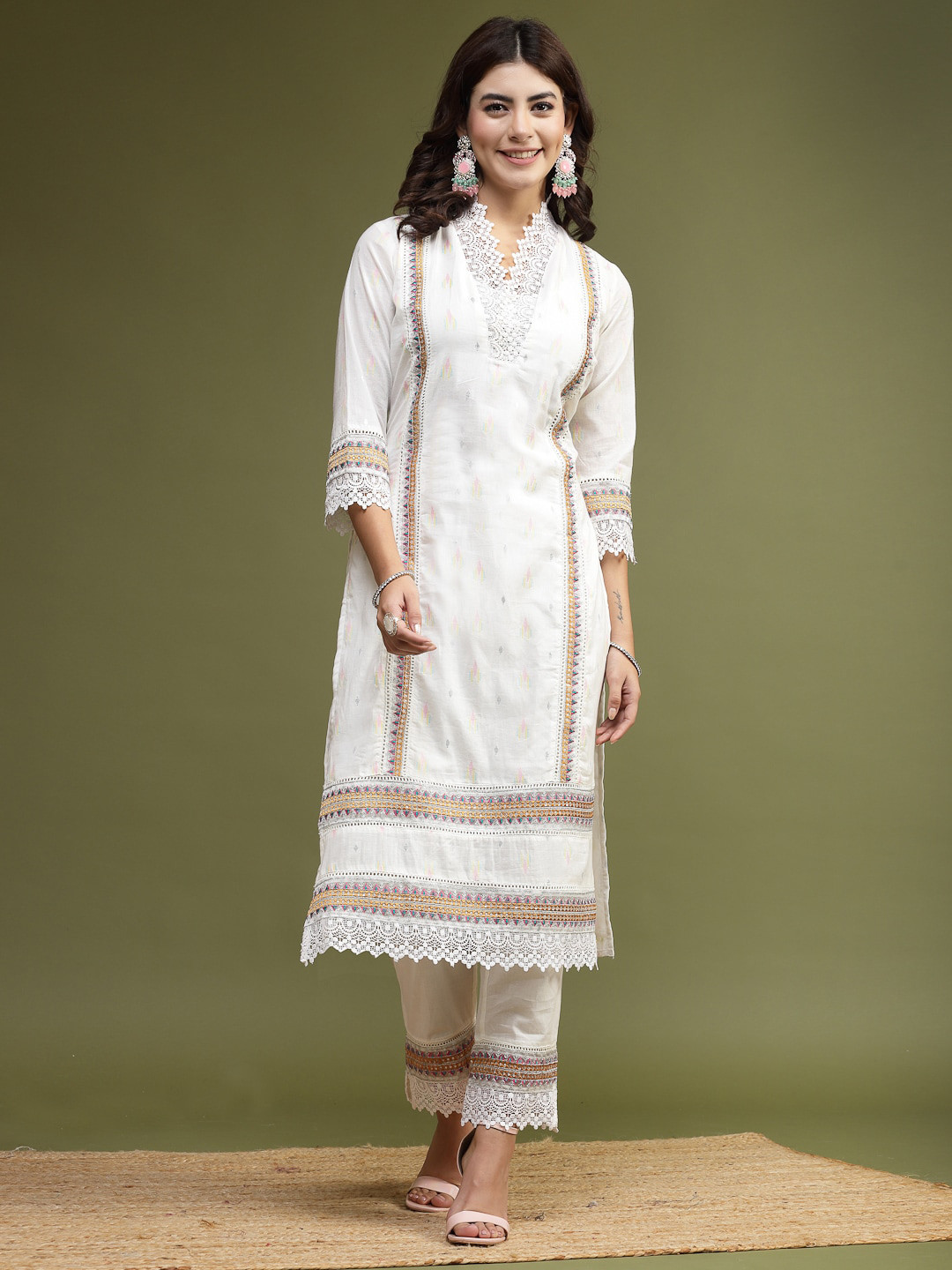 

Ramas Geometric Woven Design V-Neck Gotta Patti Pure Cotton Kurta with Trousers, White
