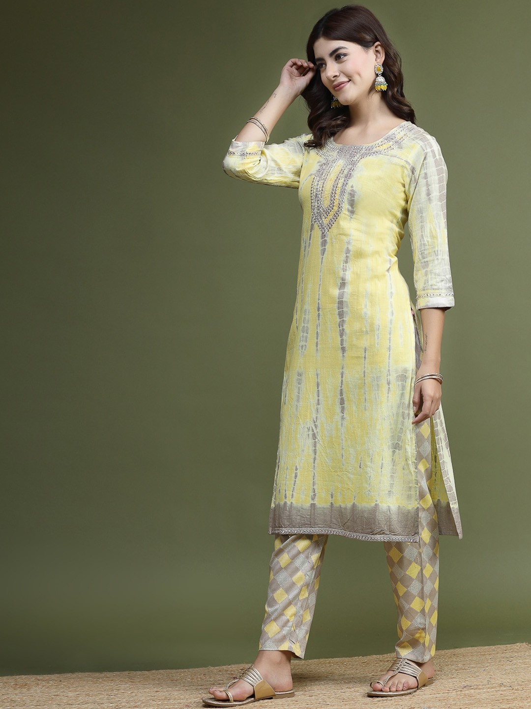

Ramas Dyed Mirror Work Pure Cotton Kurta with Trousers, Yellow