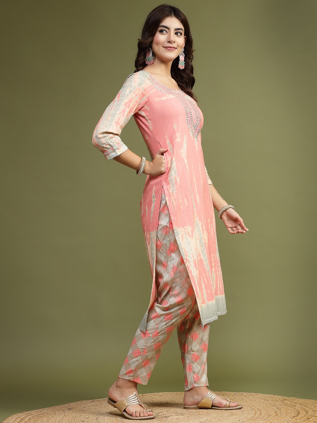 

Ramas Abstract Printed Regular Mirror Work Pure Cotton Kurta With Trouser, Peach