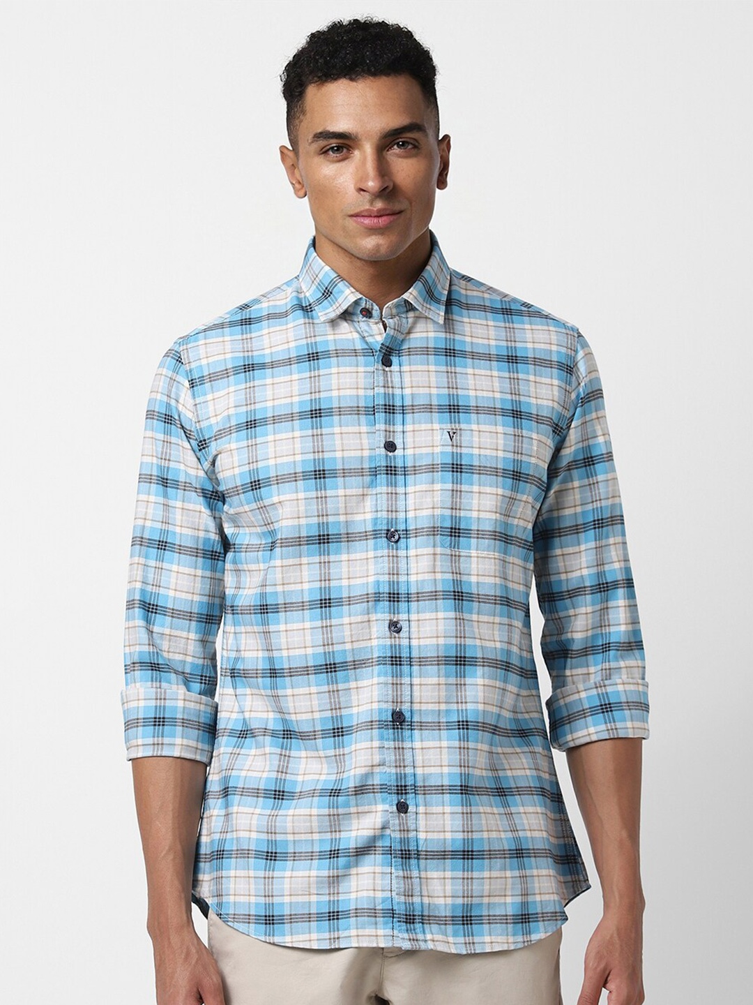 

Van Heusen Sport Slim Fit Checked Spread Collar Pure Cotton Casual Shirt, Blue