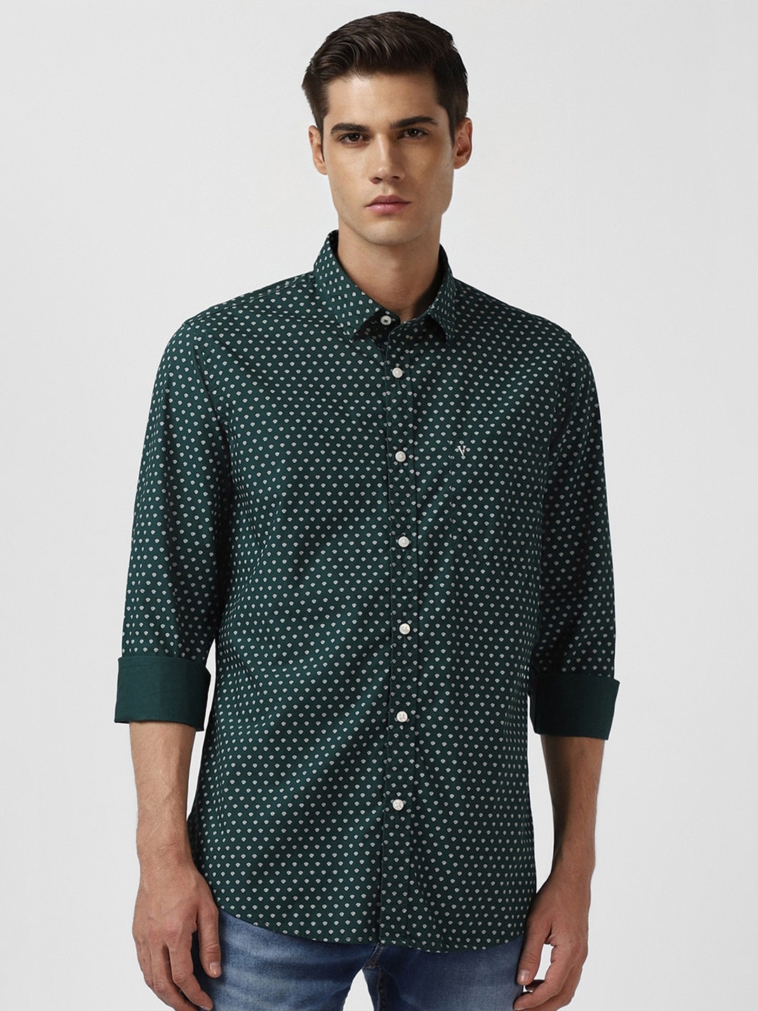 

Van Heusen Sport Slim Fit Micro Ditsy Printed Pure Cotton Casual Shirt, Green