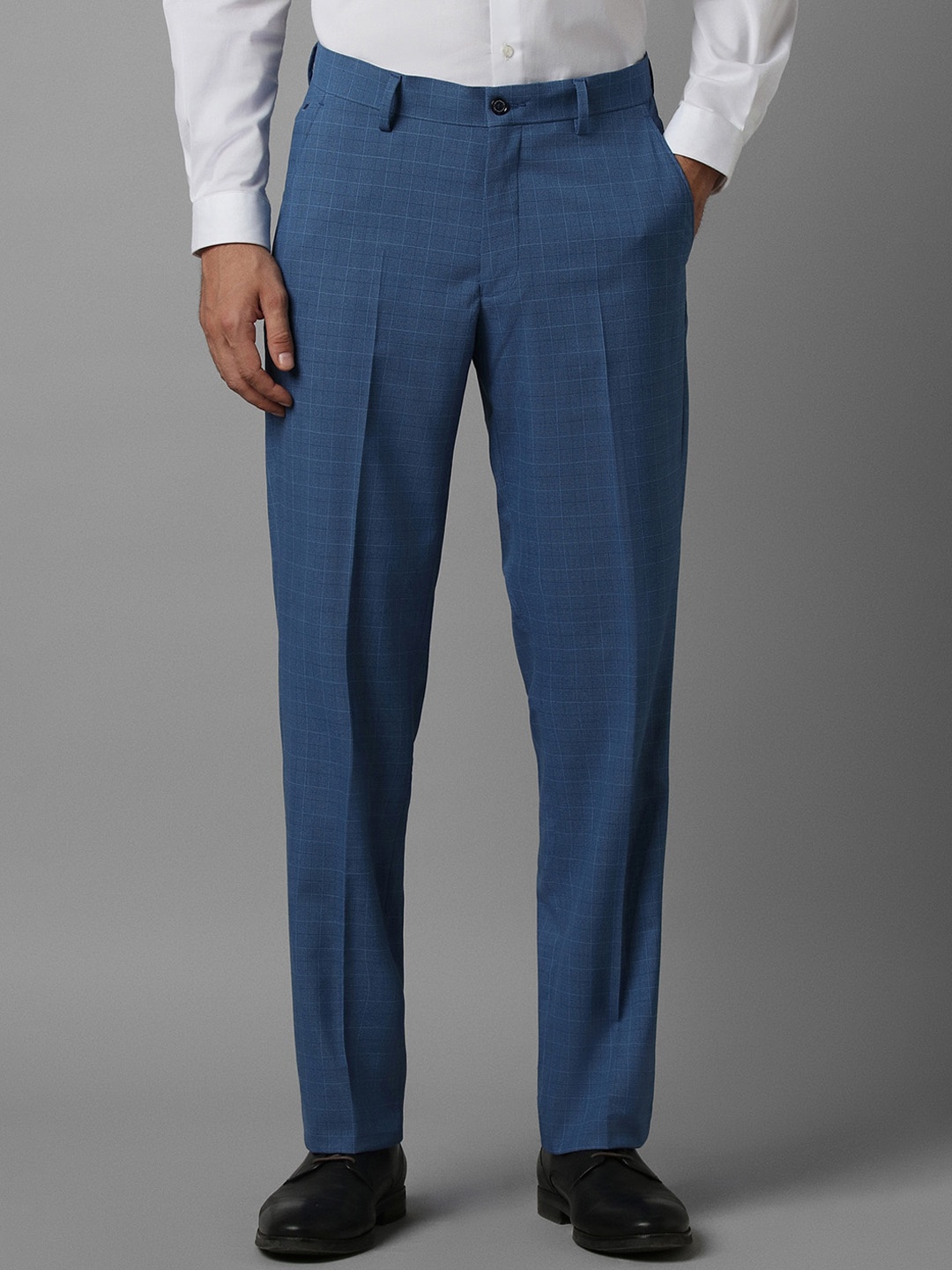 

Louis Philippe Men Checked Regular Fit Mid-Rise Plain Formal Trousers, Blue