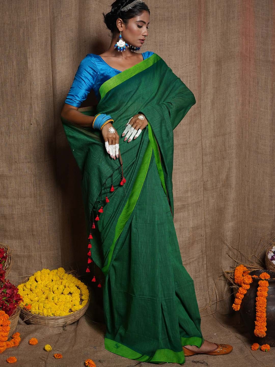 

Unnati Silks Pure Linen Handloom Jamdani Saree, Green