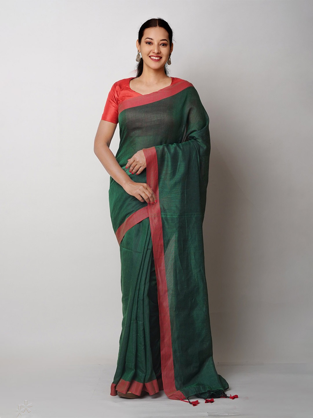 

Unnati Silks Pure Linen Jamdani Saree, Green