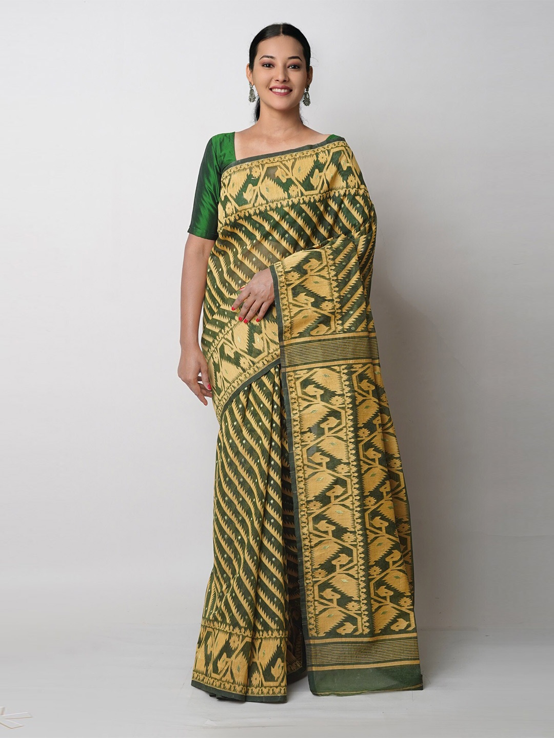 

Unnati Silks Woven Design Pure Cotton Handloom Jamdani Saree, Green