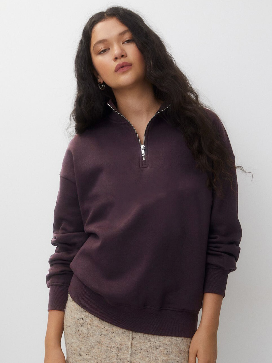 

MISCHIEF MONKEY Mock Collar Drop Shoulder Zip Detail Pullover Sweatshirt, Purple