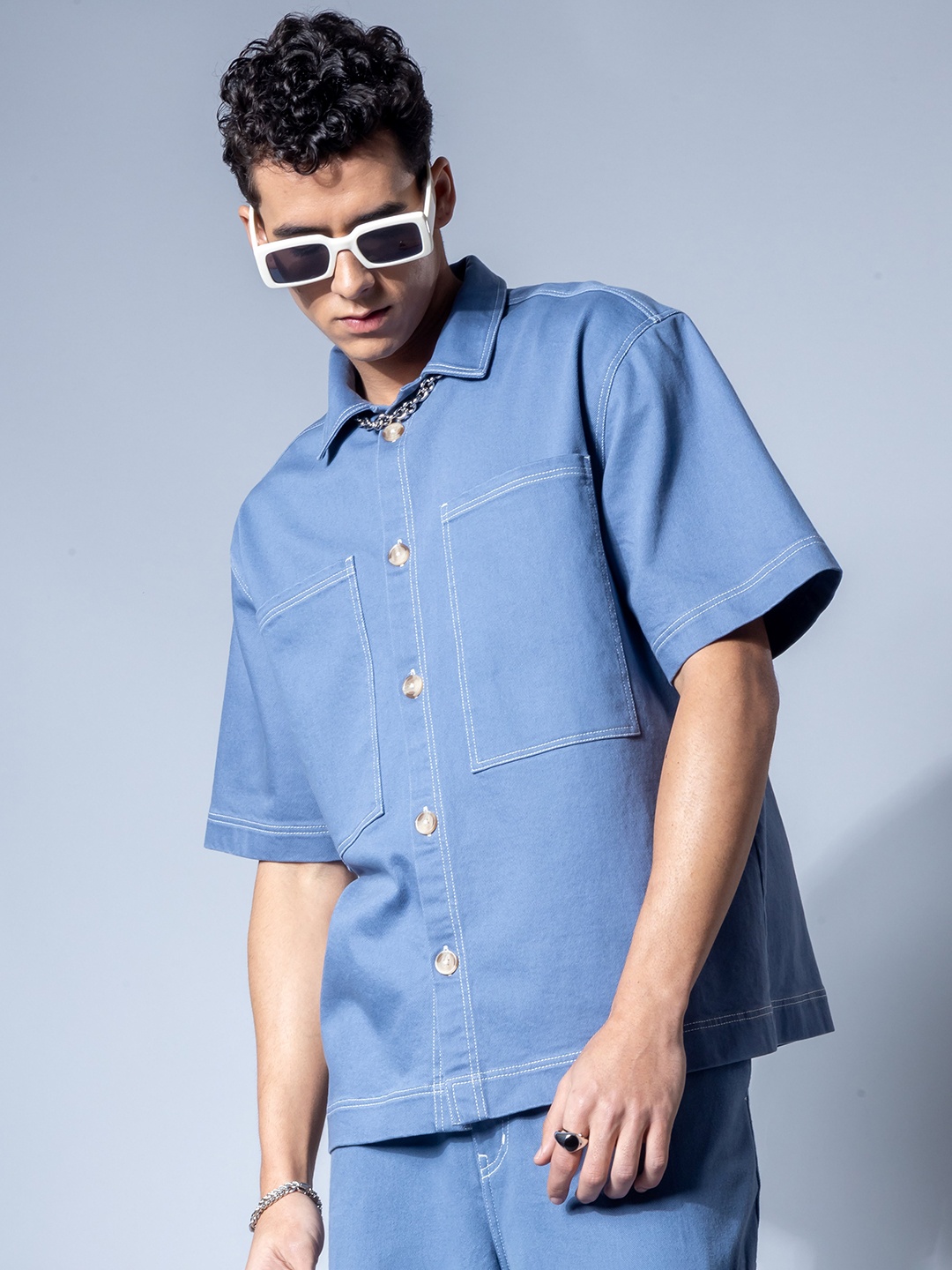 

H&M Half Sleeve Cotton Shacket, Blue