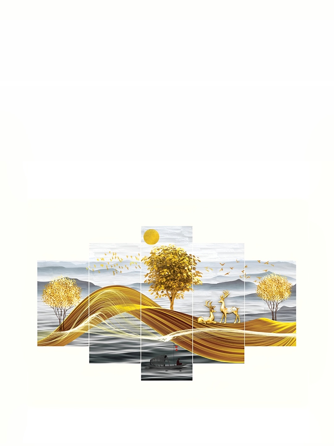 

Ancient Clock Makers Gold Toned & Grey 5 Pieces Tree & Deer MDF Painting Wall Art