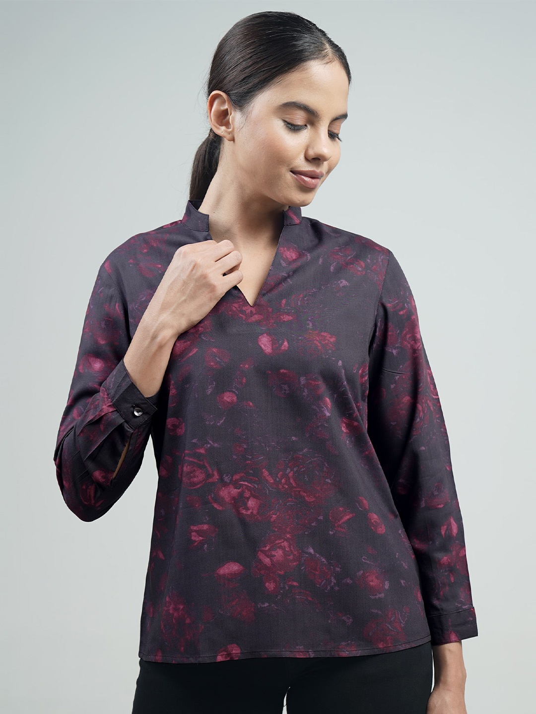 

IDK Floral Printed Mandarin Collar Top, Purple