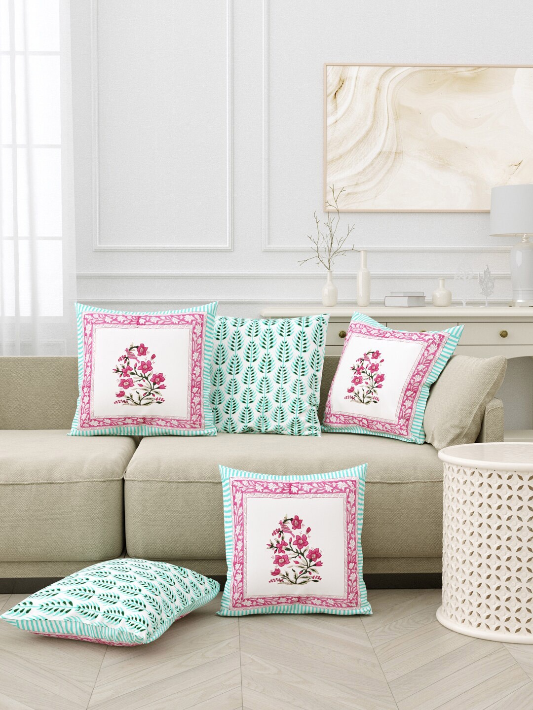 

Aura Green & Pink 5 Pieces Ethnic Motifs Square Cushion Covers