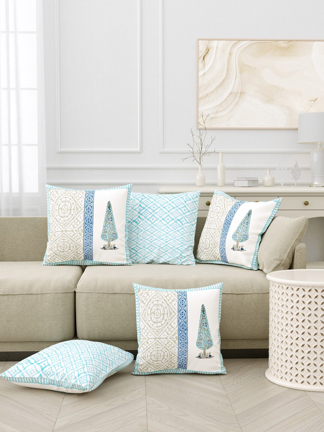 

Aura Blue & White 5 Pieces Ethnic Motifs Square Cushion Covers