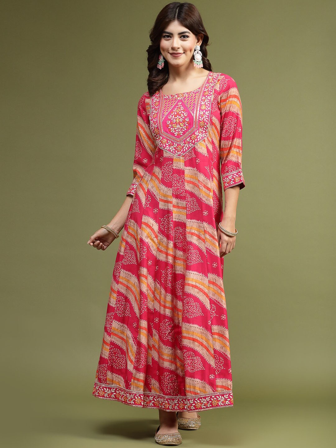

Ramas Bandhani Printed Embroidered Fit & Flare Ethnic Dress, Pink