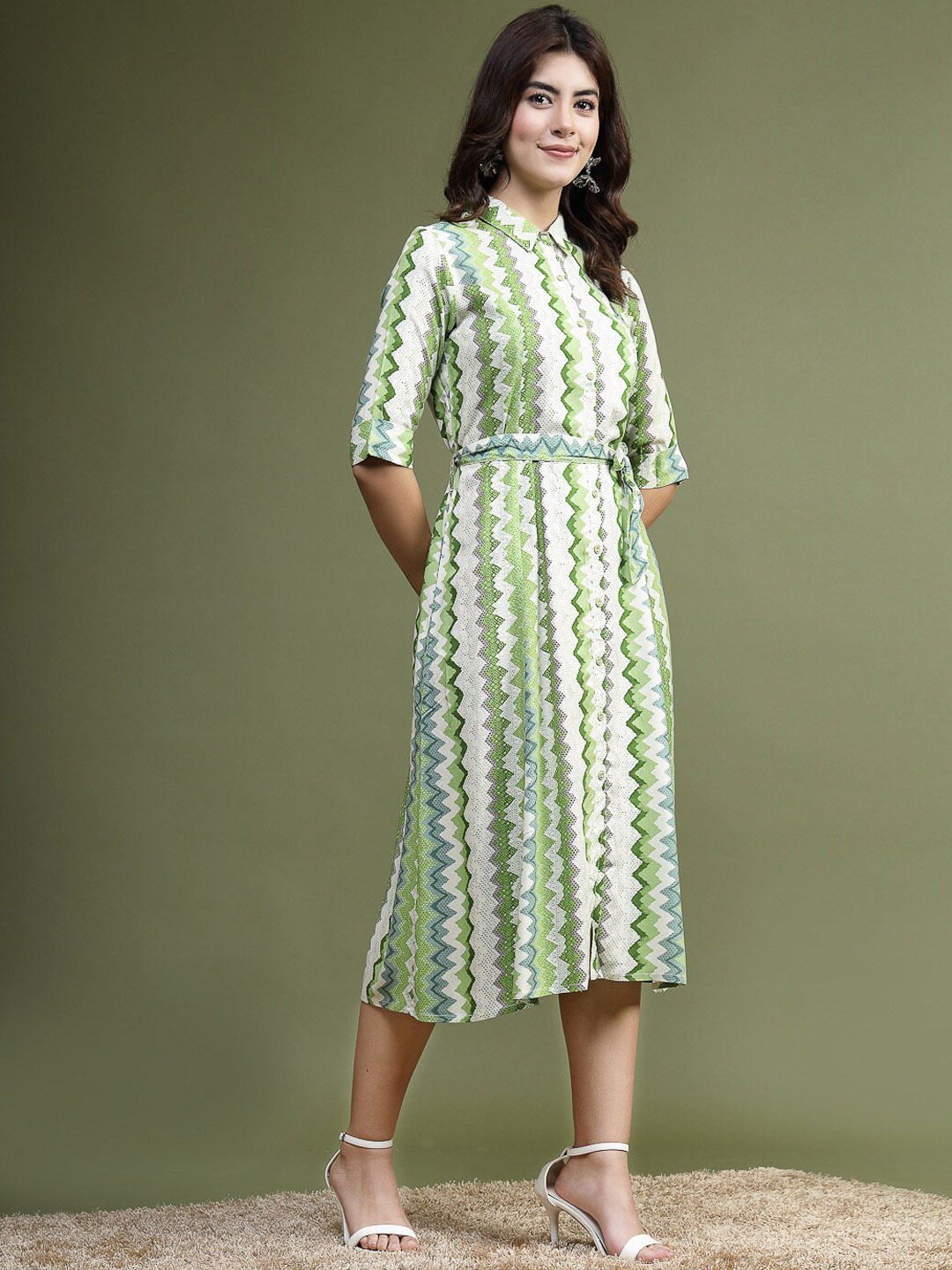 

Ramas Chevron Printed Shirt Collar Shirt Midi Dress, Green