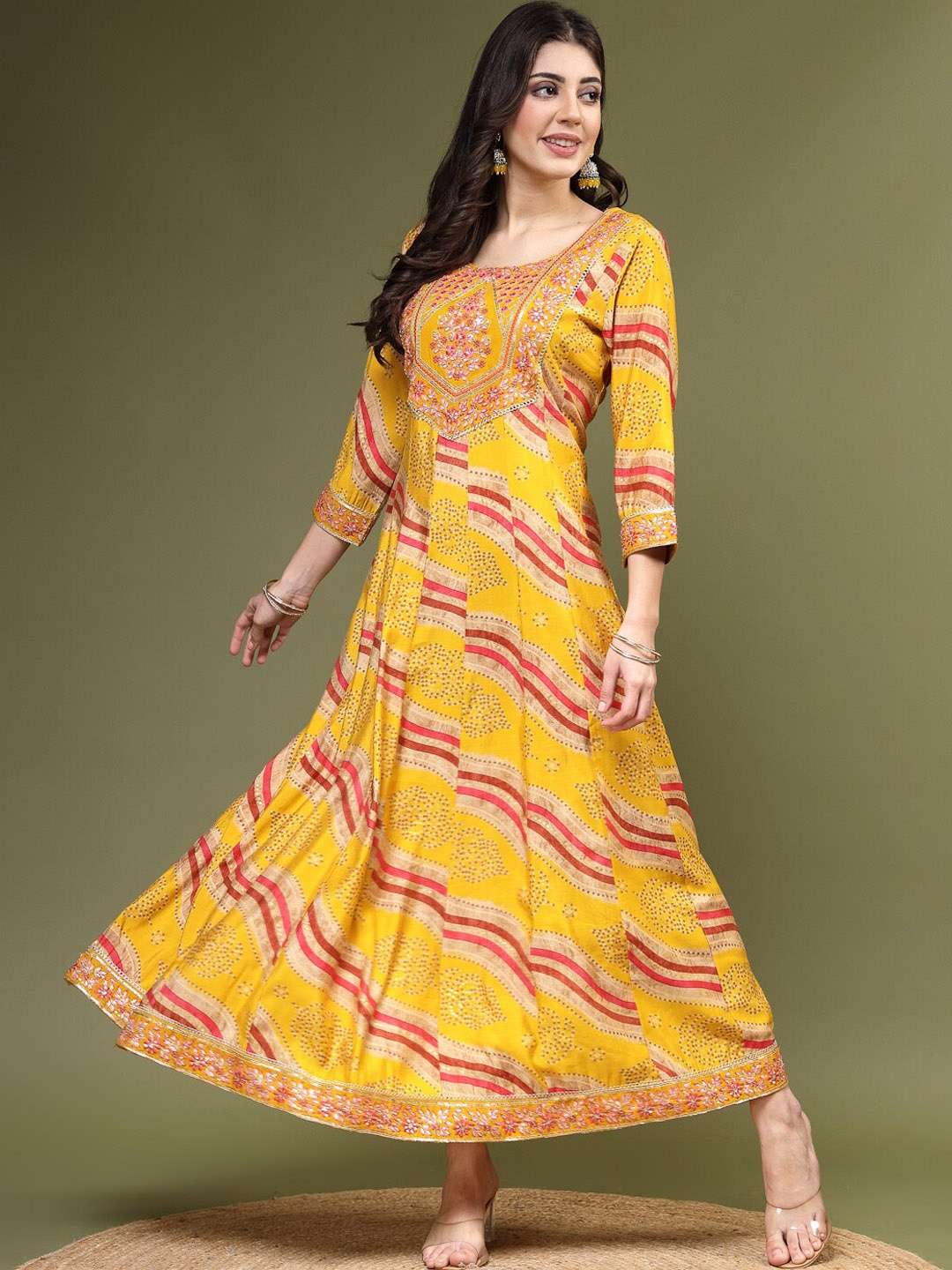 

Ramas Bandhani Printed Embroidered Fit & Flare Ethnic Dress, Mustard