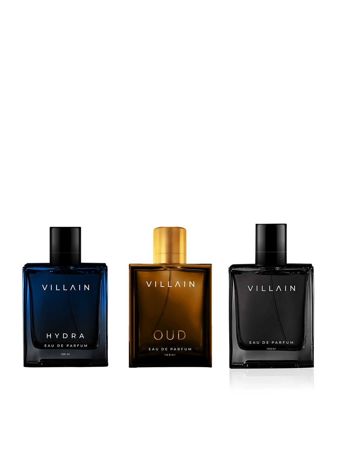 

VILLAIN Men Set of 3 Long Lasting Eau De Parfum - Hydra + Oud + Classic - 100ml Each, Black