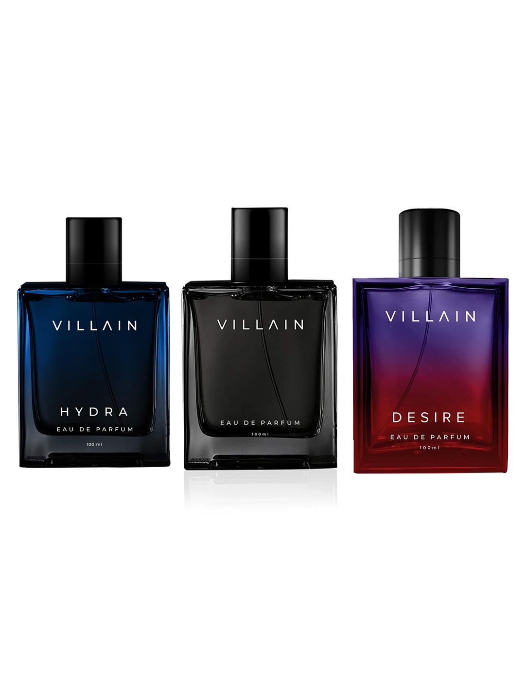 

VILLAIN Men Set of 3 Long Lasting Eau De Parfum - Hydra + Desire + Classic - 100ml Each, Purple