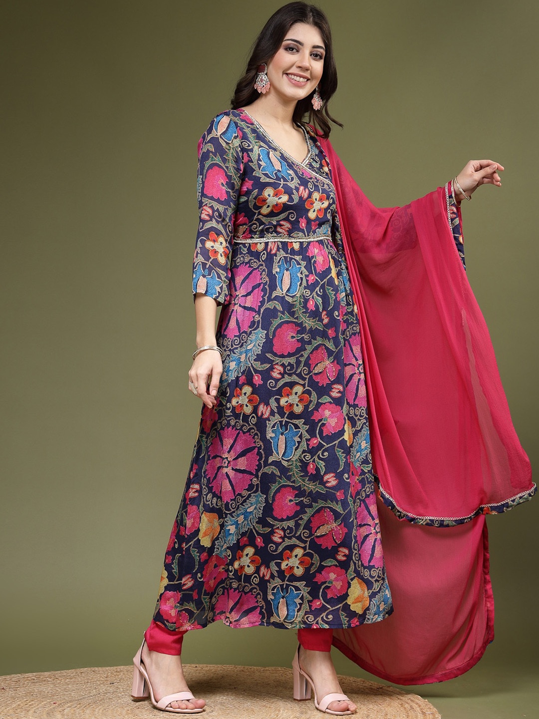 

Ramas Floral Embroidered Angrakha Sequined Kurta with Trousers & Dupatta, Blue