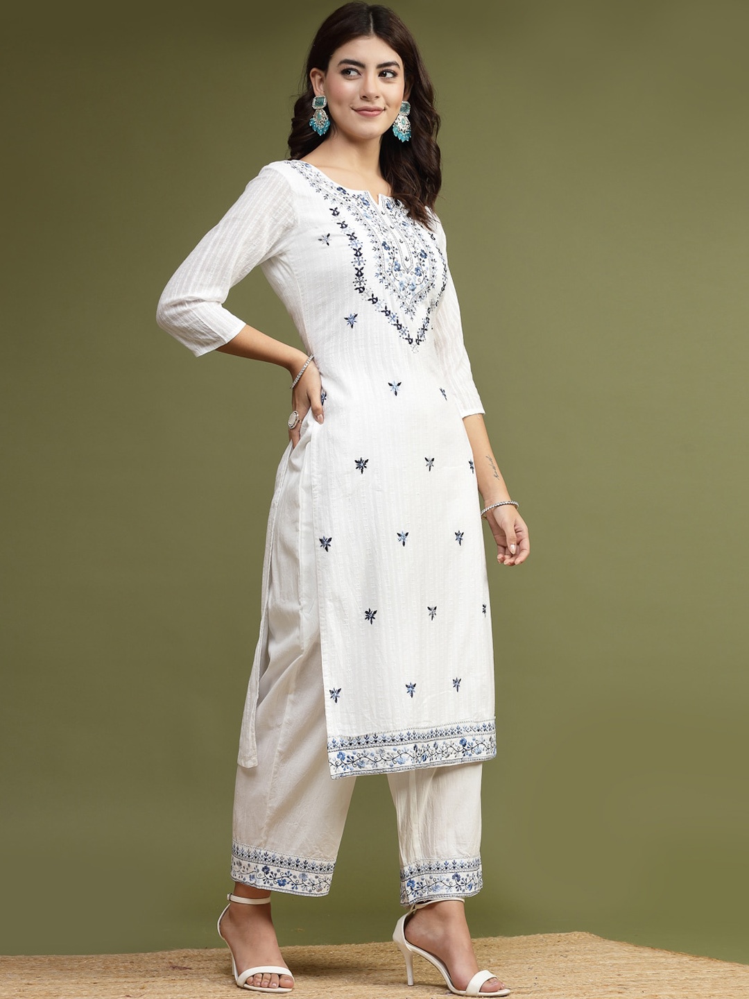 

Ramas Floral Embroidered Pure Cotton Regular Kurta with Palazzos, White