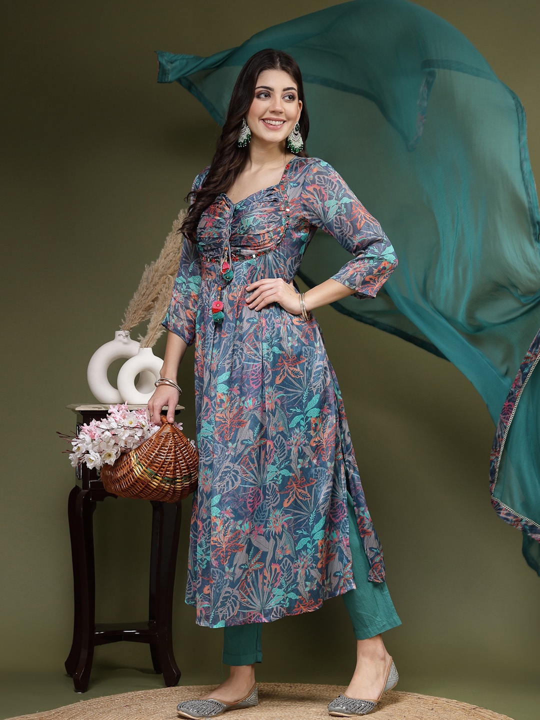 

Ramas Tropical Printed Sweetheart Neck Straight Kurta & Trousers With Dupatta, Blue