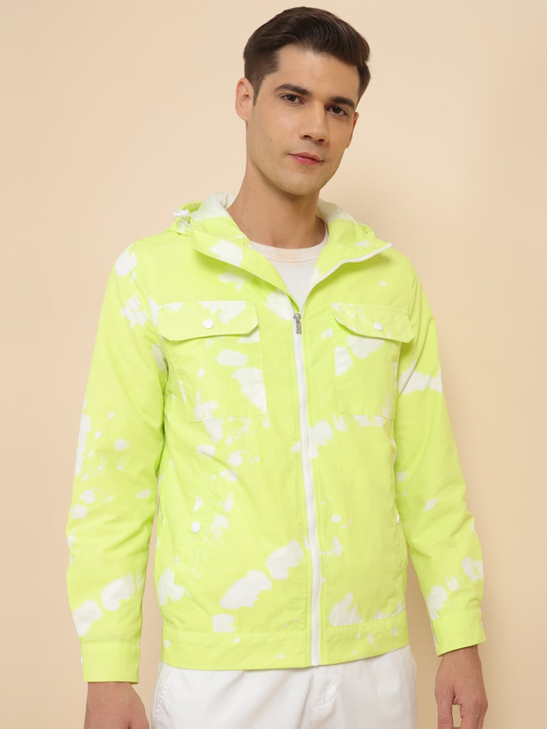 

Allen Solly Abstract Printed Hooded Pure Cotton Open Front Jacket, Green