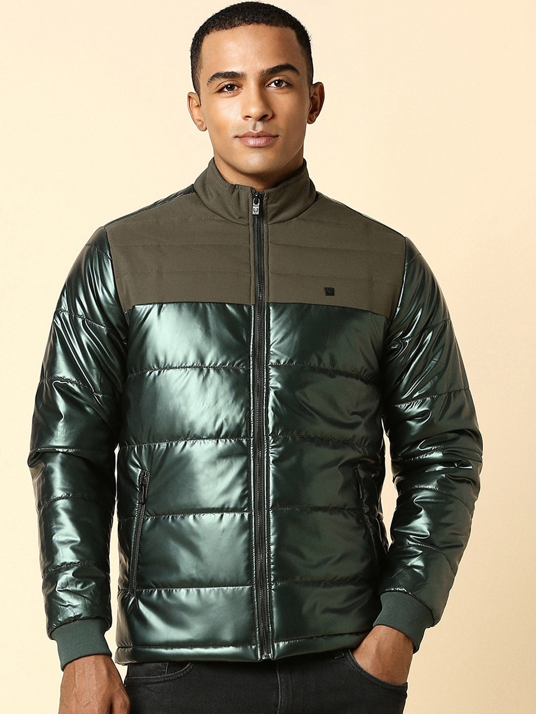 

Allen Solly Colourblocked Mock Collar Long Sleeves Padded Jacket, Green