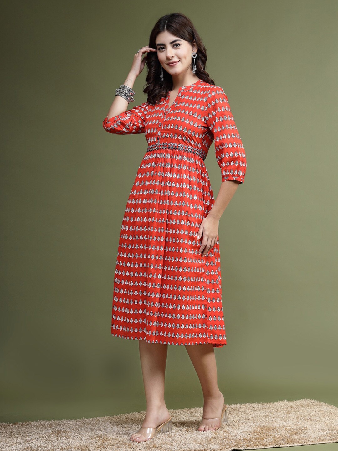 

Ramas Ethnic Motifs Printed Mirror Work A-Line Dress, Red