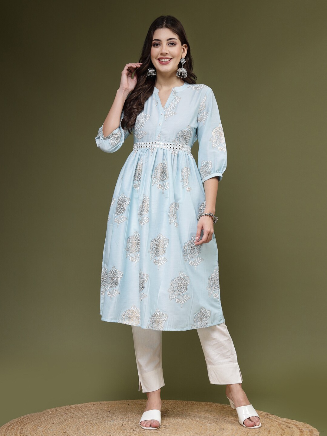 

Ramas Floral Print Mandarin Collar Puff Sleeves Mirror Work Anarkali Kurta, Turquoise blue