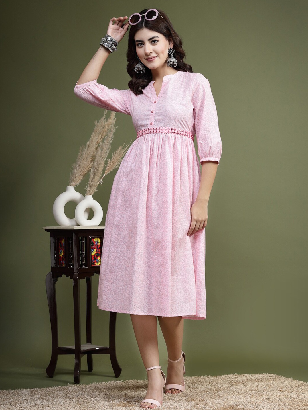 

Ramas Floral Printed Mandarin Collar Cotton Fit And Flare Ethnic Dress, Pink