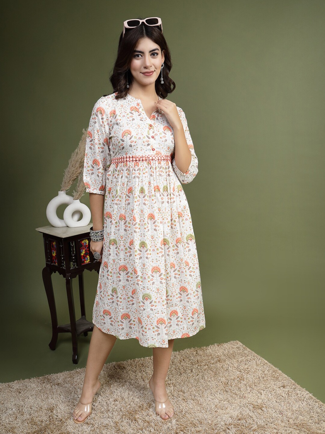 

Ramas Floral Printed Puff Sleeves Cotton A-Line Midi Dress, Off white