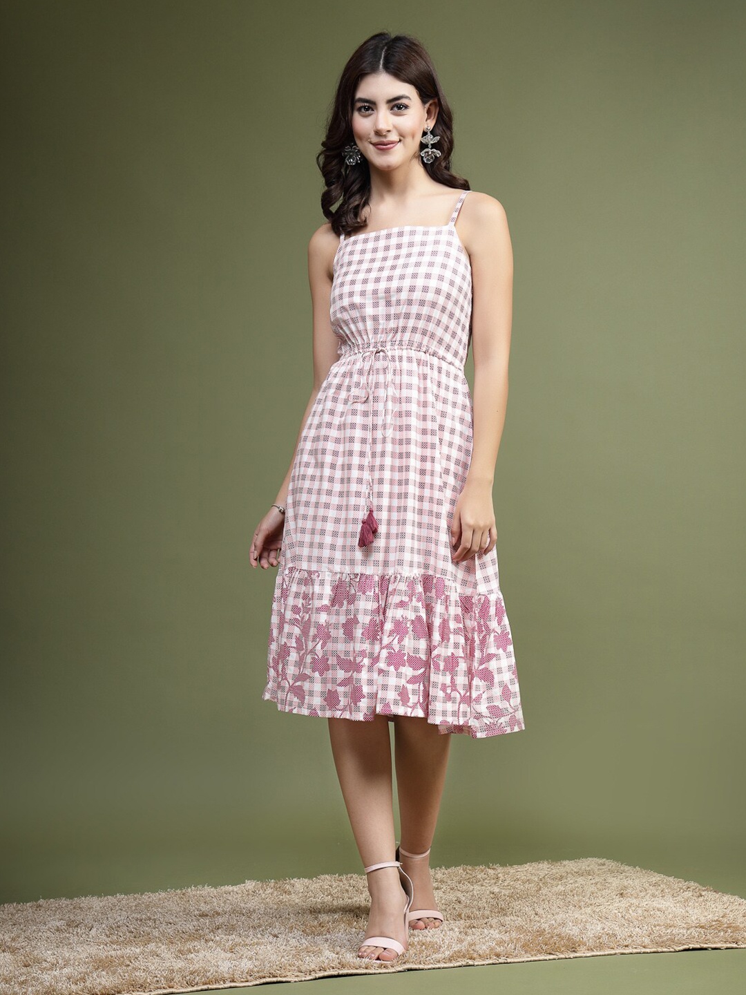 

Ramas Checked Shoulder Straps Sleeveless Gathered A-Line Midi Dress, Pink