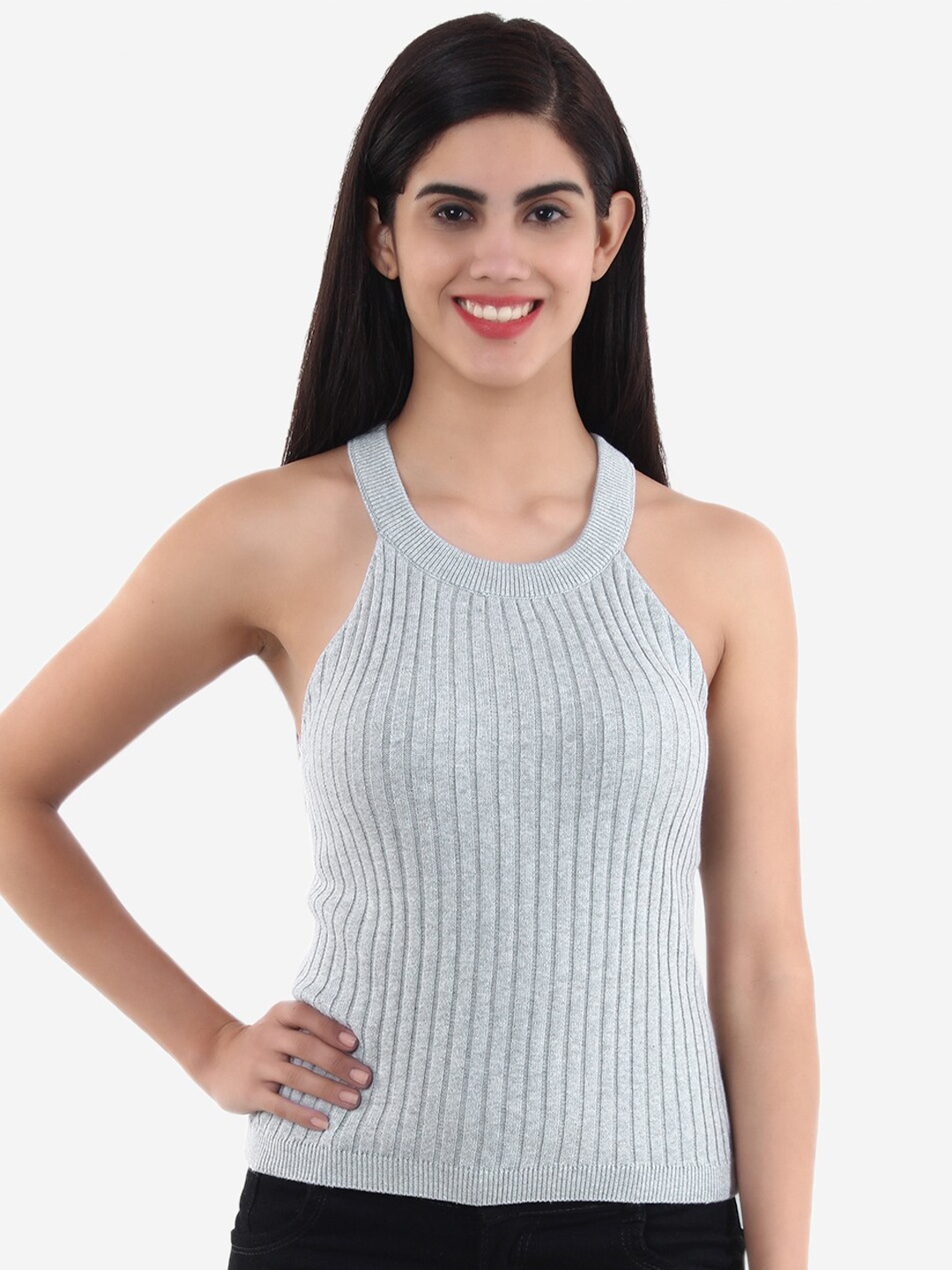 

Chemistry Ribbed Halter Neck Fitted Pure Cotton Top, Grey