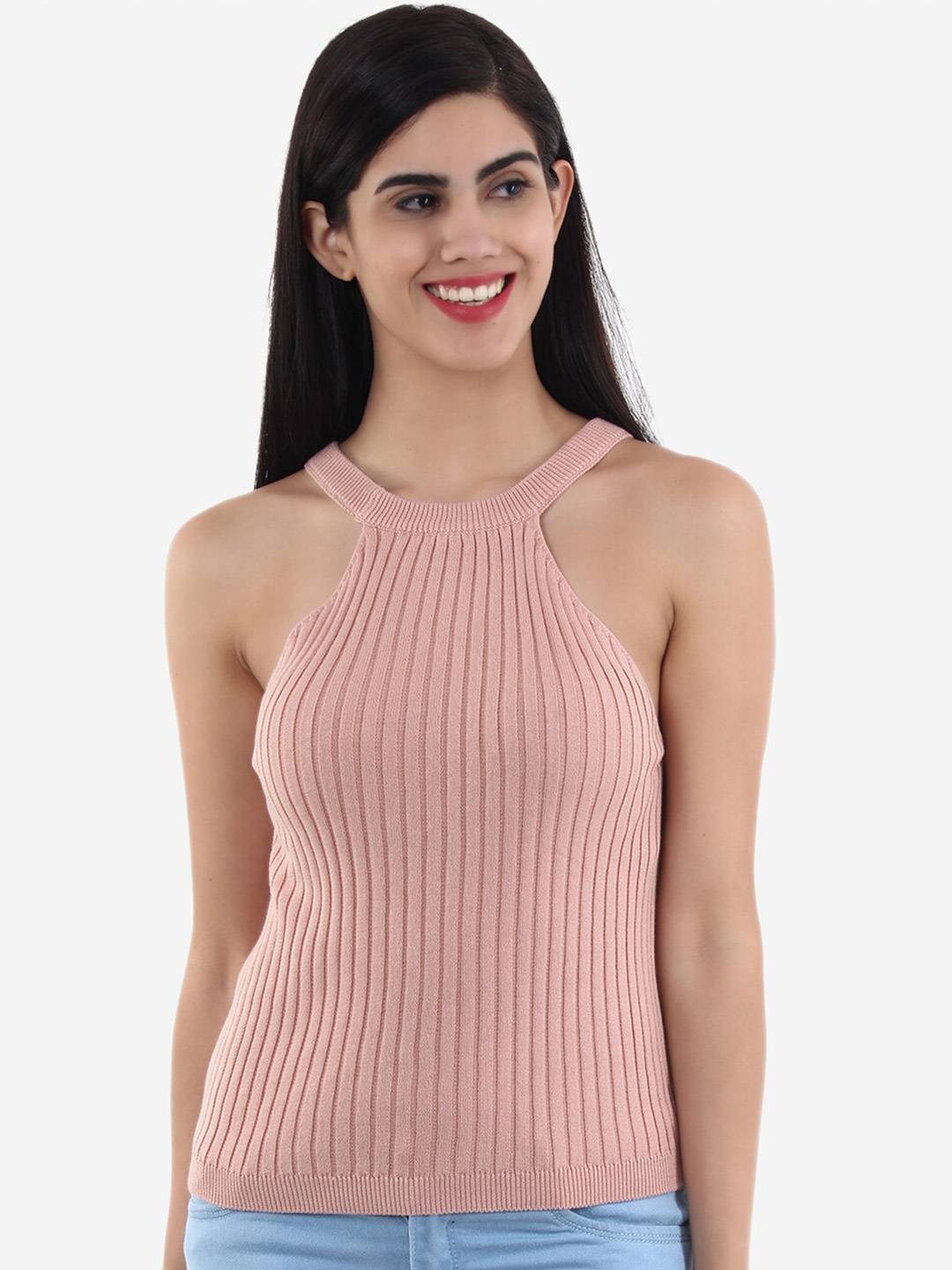 

Chemistry Ribbed Halter Neck Pure Cotton Fitted Top, Pink