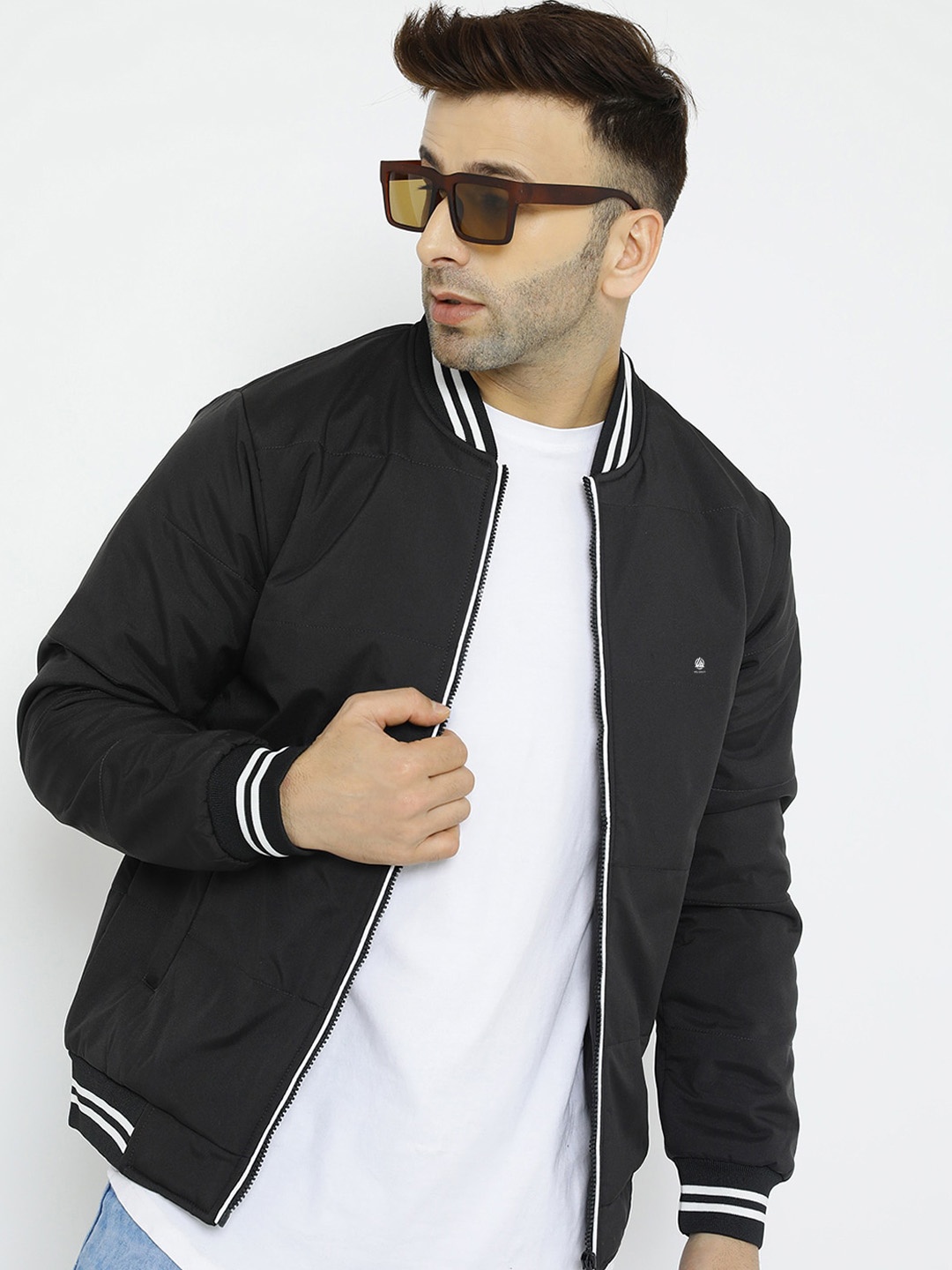 

WELL QUALITY Stand Collar Lightweight Dry Fit Bomber Jacket, Black