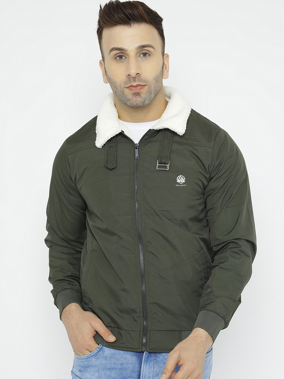 

WELL QUALITY Spread Collar Dry Fit Lightweight Bomber Jacket, Olive