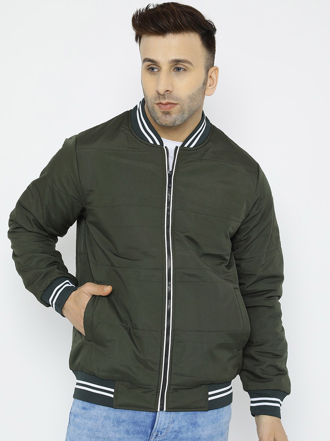 

WELL QUALITY Stand Collar Dry Fit Lightweight Bomber Jacket, Olive