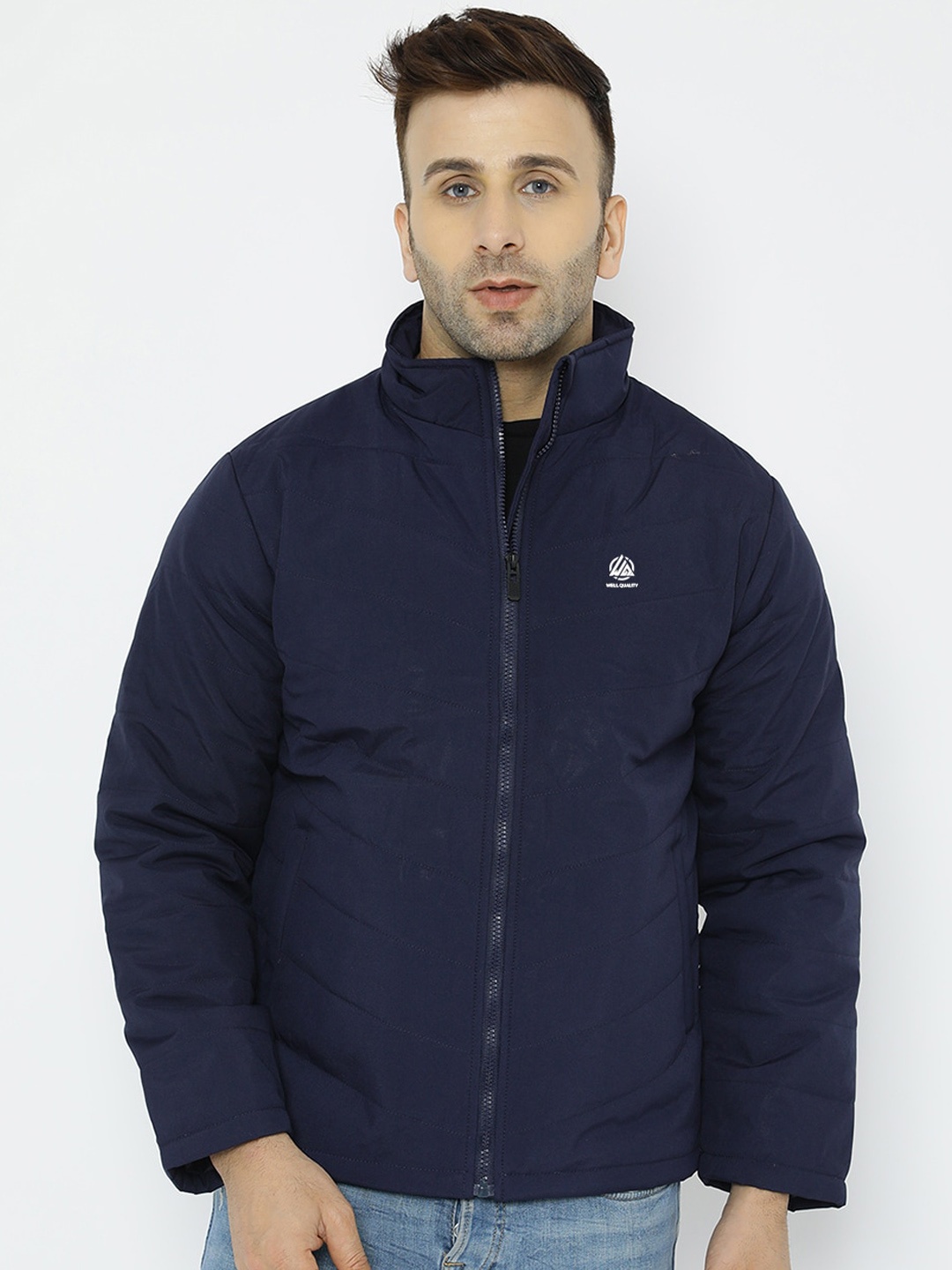 

WELL QUALITY Mock Collar Long Sleeve Zip Detail Dry Fit Lightweight Padded Jacket, Navy blue