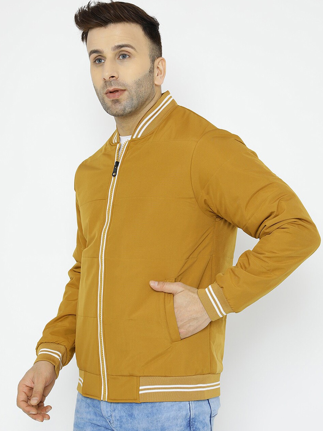 

WELL QUALITY Mock Collar Long Sleeve Zip Detail Dry Fit Lightweight Bomber Jacket, Mustard