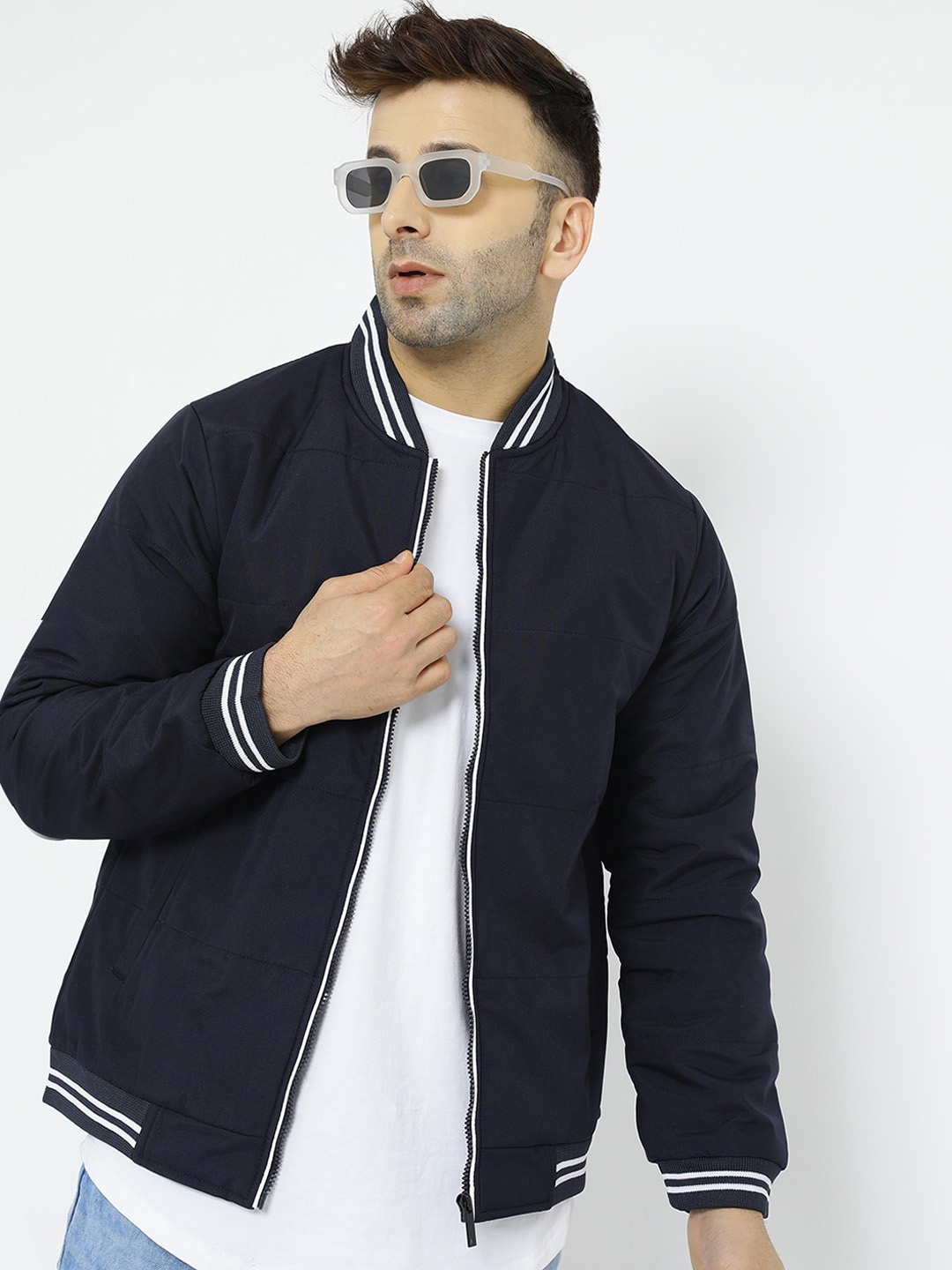 

WELL QUALITY Mock Collar Lightweight Varsity Jacket, Navy blue