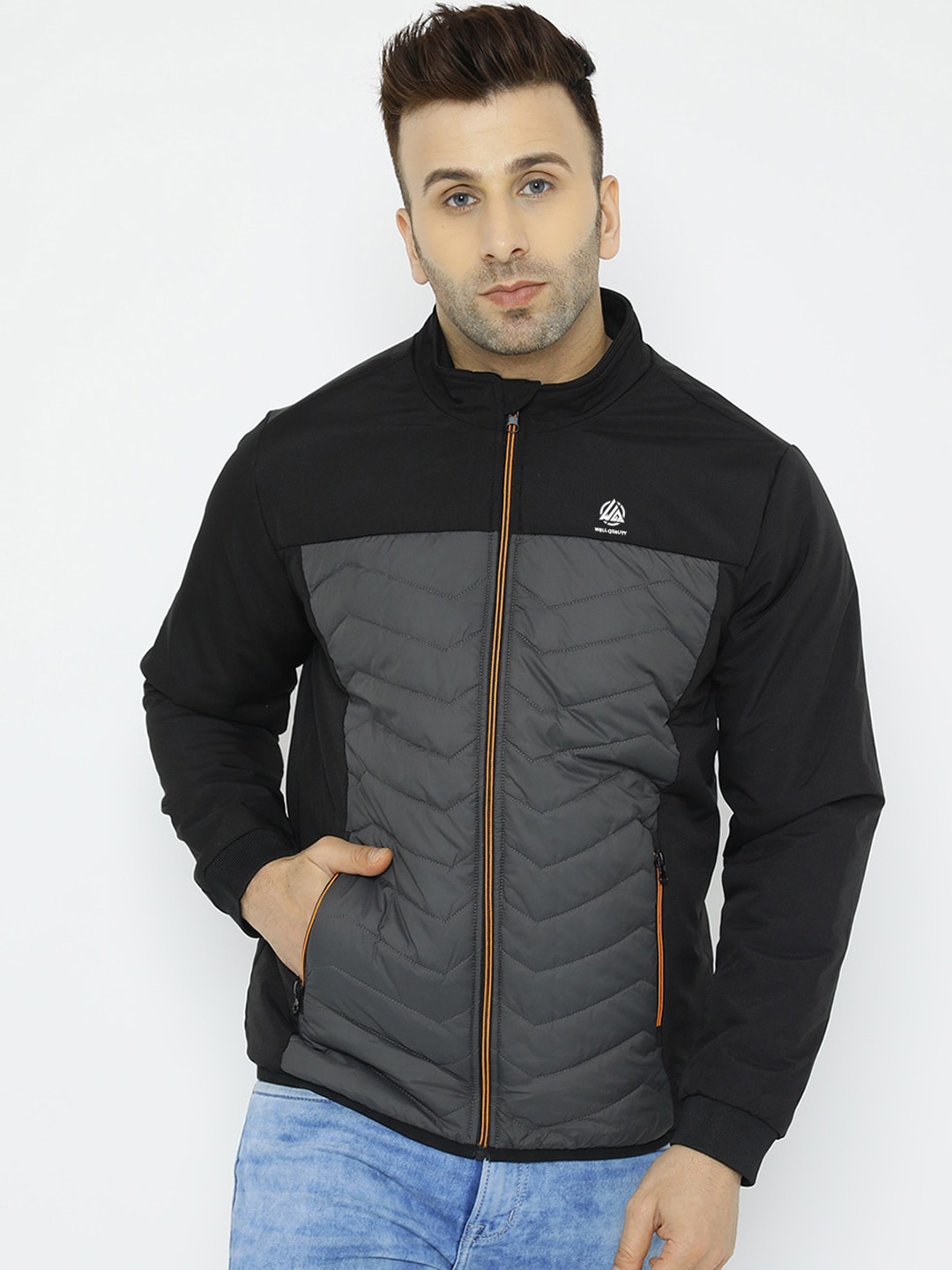 

WELL QUALITY Dry Fit Lightweight Colourblocked Mock Collar Quilted Jacket, Black