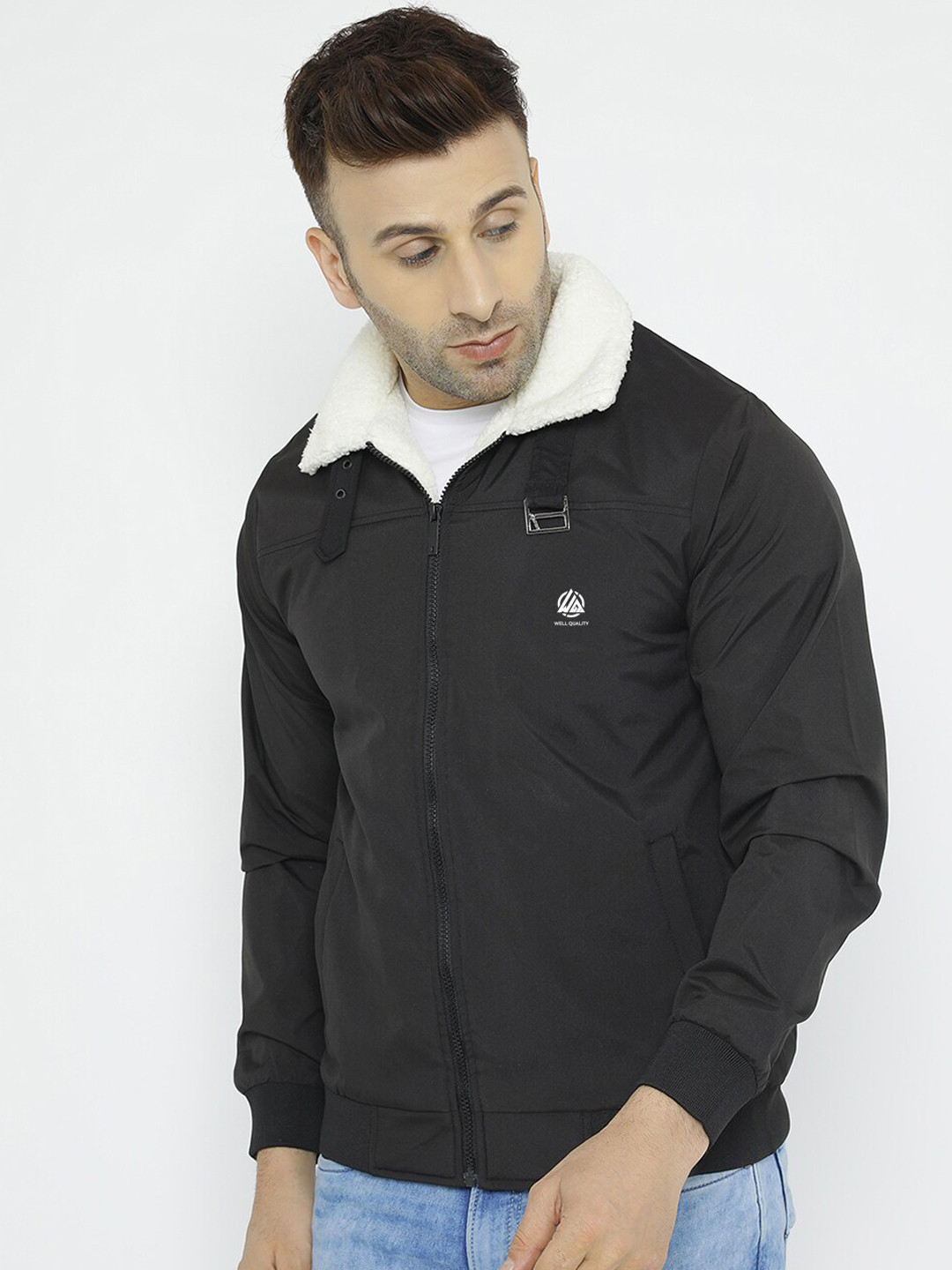 

WELL QUALITY Spread Collar Dry Fit Faux Fur Trim Lightweight Bomber Jacket, Black