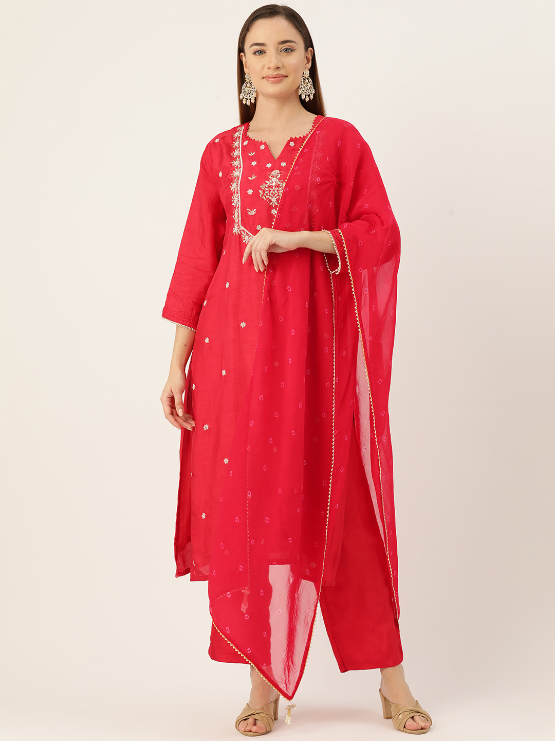 

Simaaya Women Floral Embroidered Regular Sequinned Pure Silk Kurta with Trousers & Dupatta, Red