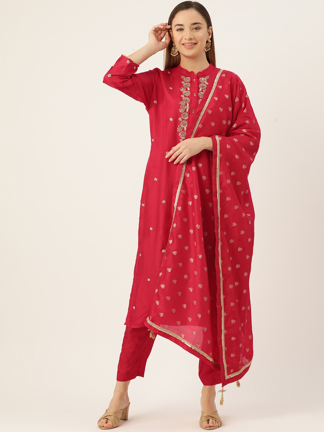 

Simaaya Women Floral Embroidered Regular Sequinned Pure Silk Kurta with Trousers & Dupatta, Red
