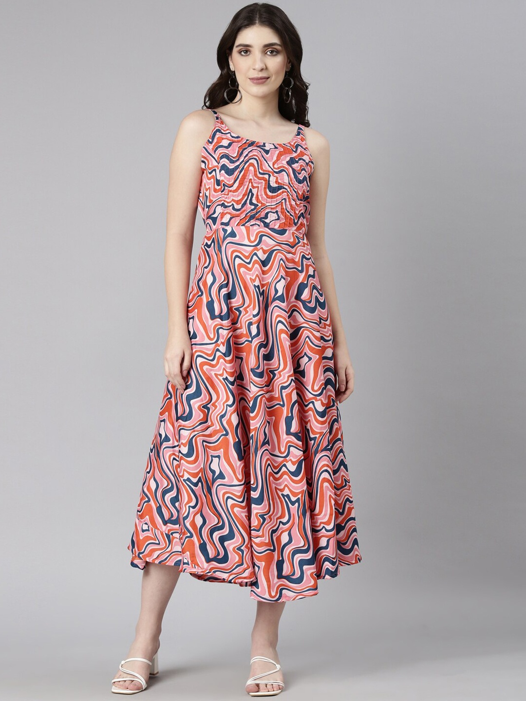 

Souchii Abstract Printed Shoulder Strap Fit & flare Pleated Dress, Pink