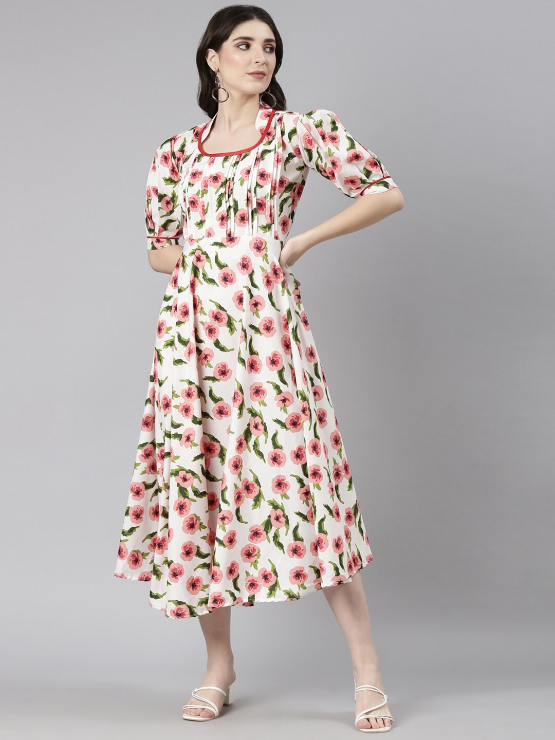 

Souchii Floral Printed Mandarin Collar Puff Sleeve Fit & flare Dress, White