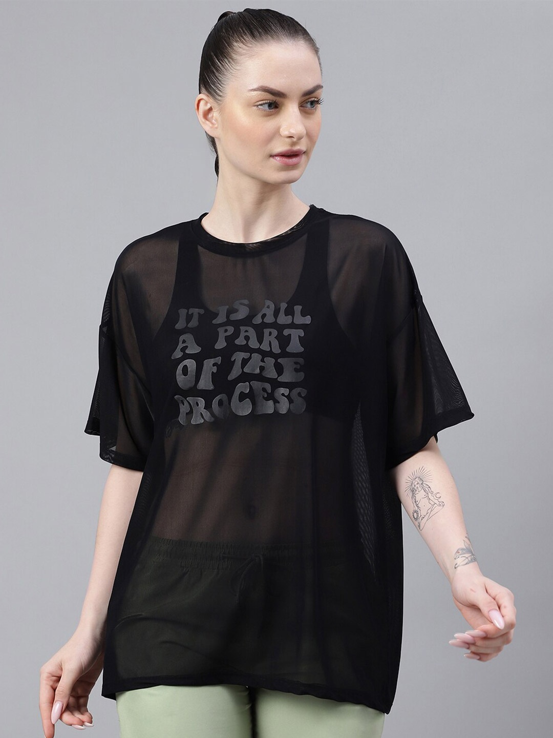 MKH Dri-FIT Typography Printed Drop Shoulder Sleeves T-Shirt, Black