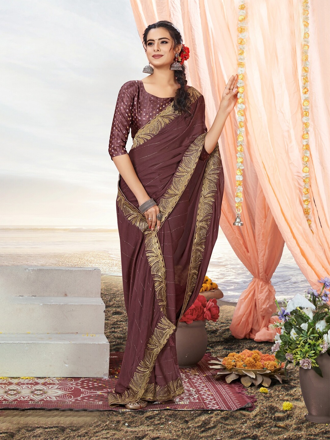 

KALINI Floral Embroidered Saree, Purple