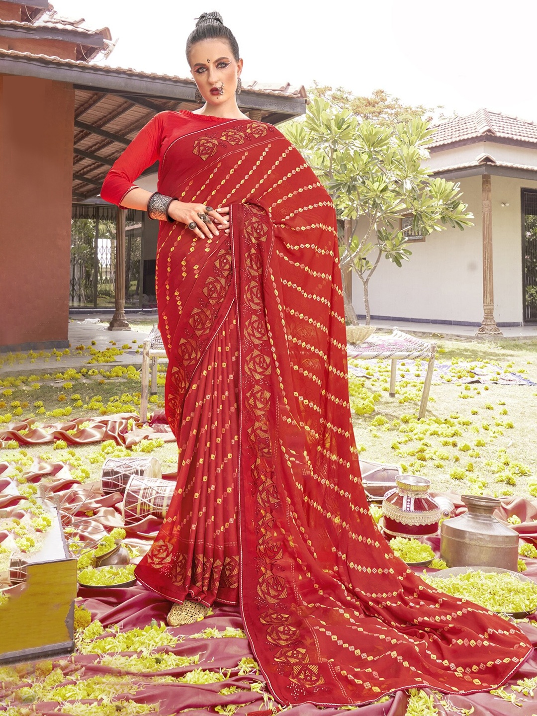 

KALINI Floral Embroidered Sequinned Saree, Red